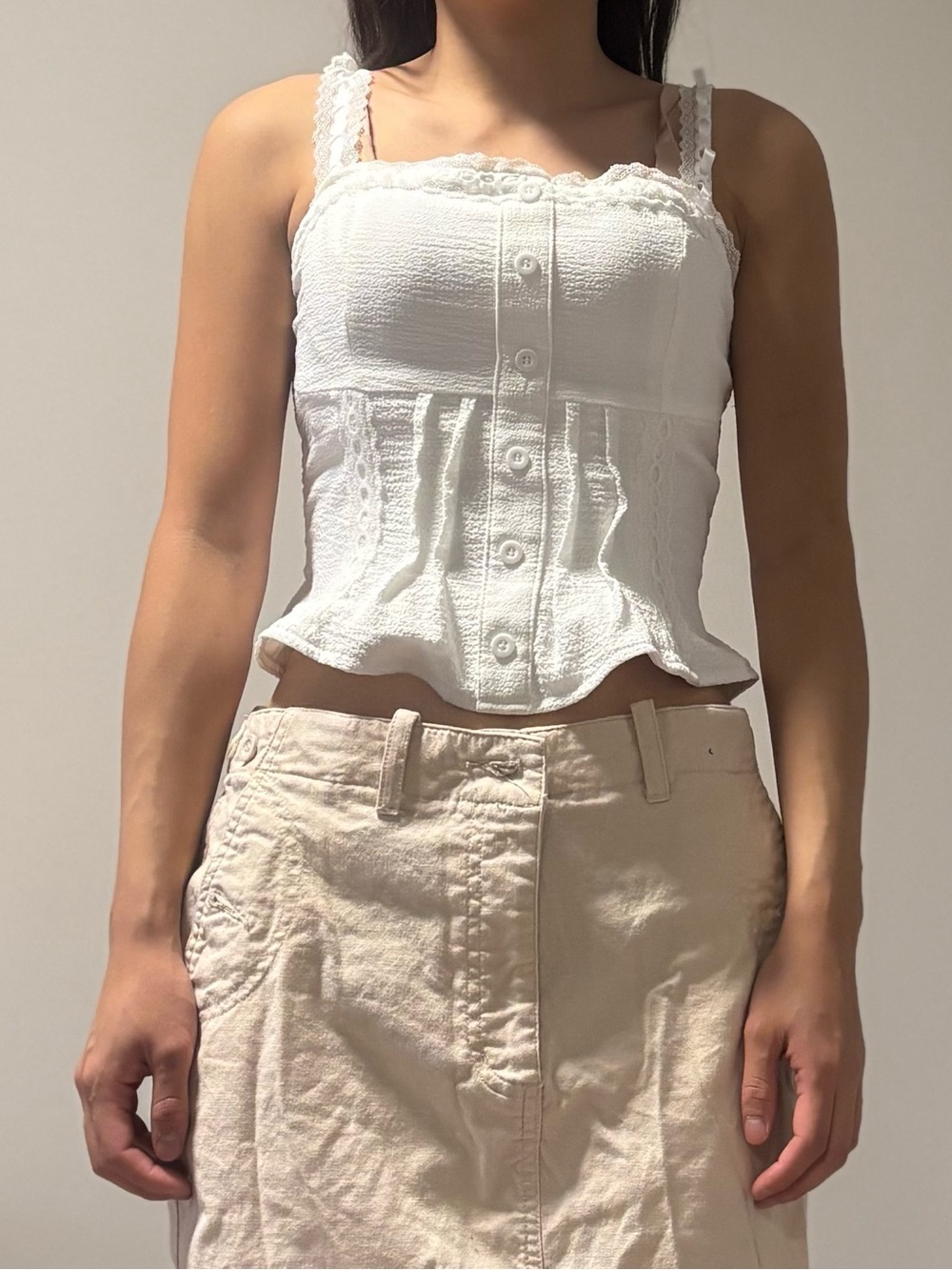 White Lace Trim Cami Cropped Top with Satin Ribbons